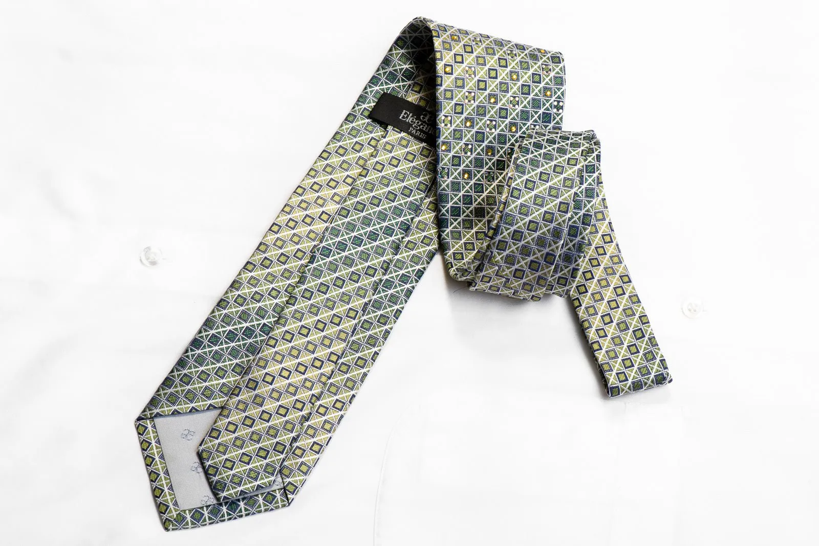 Elegance Rhinestone Silk Necktie Silver Blue Trellis On Green With Sparkles