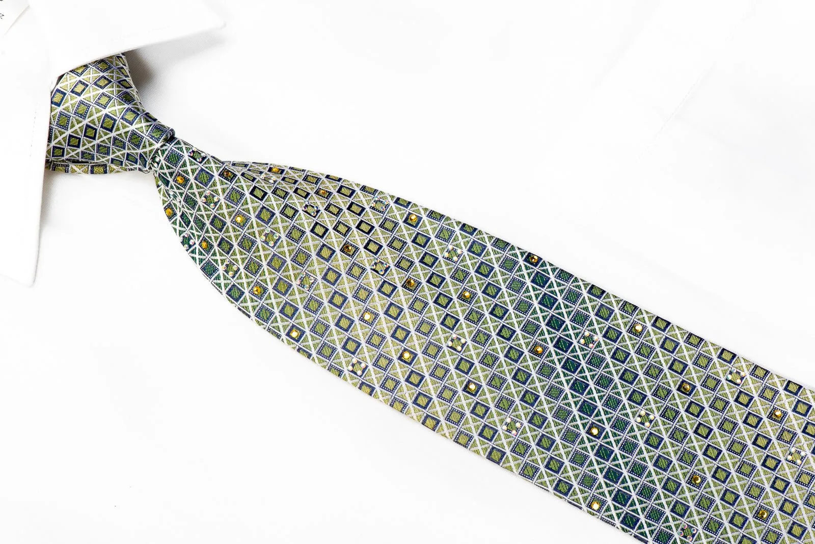 Elegance Rhinestone Silk Necktie Silver Blue Trellis On Green With Sparkles