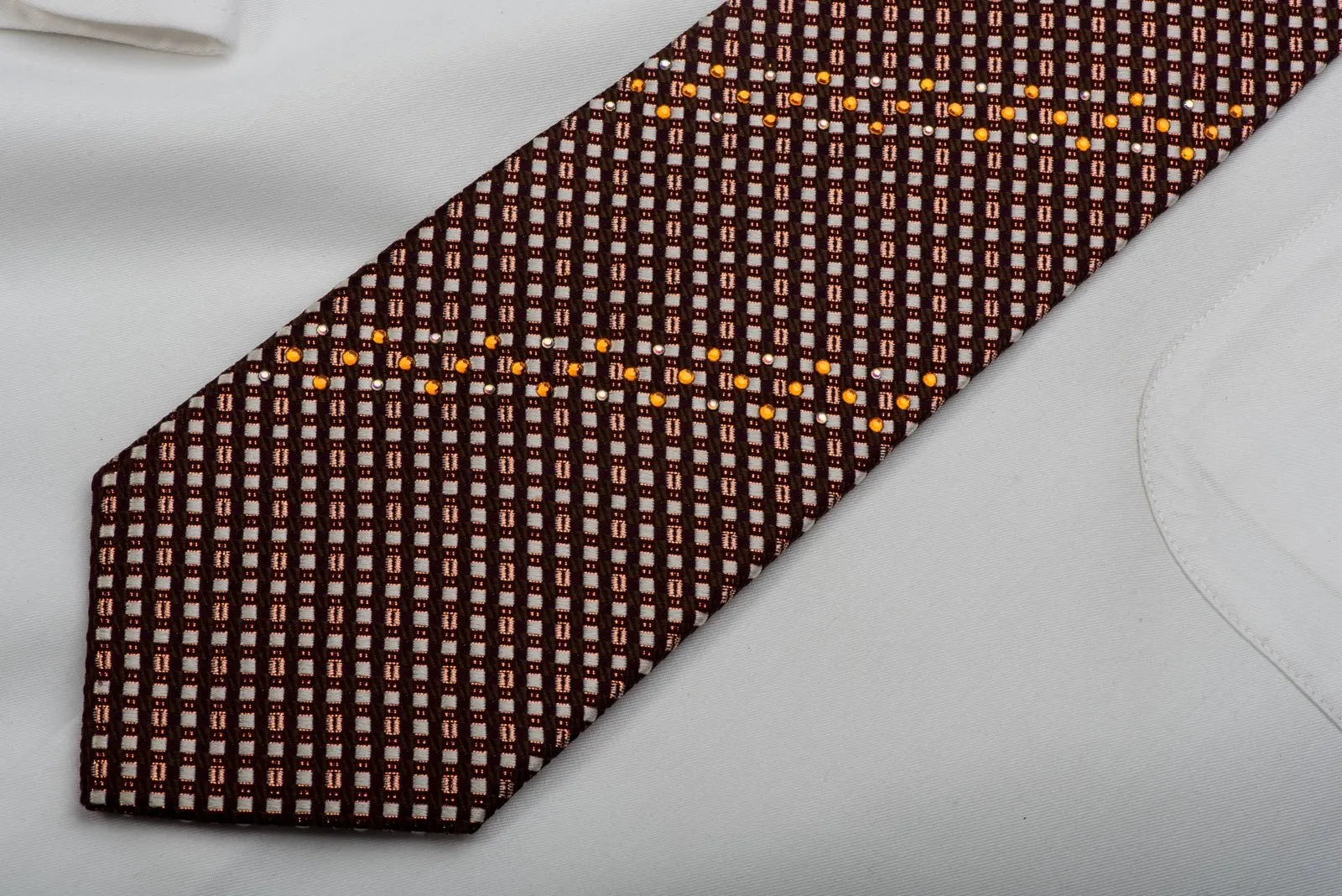 Elegance Rhinestone Silk Necktie Silver Checkered On Burgundy With Copper Sparkles