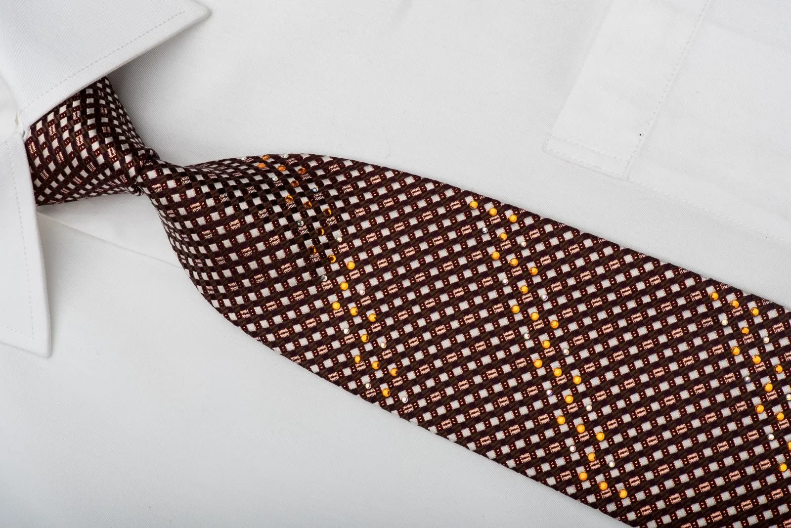 Elegance Rhinestone Silk Necktie Silver Checkered On Burgundy With Copper Sparkles