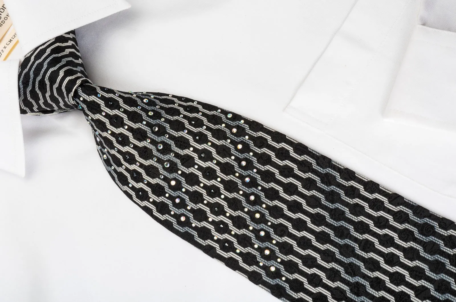 Elegance Silk Tie Silver Geometric On Black With Rhinestones