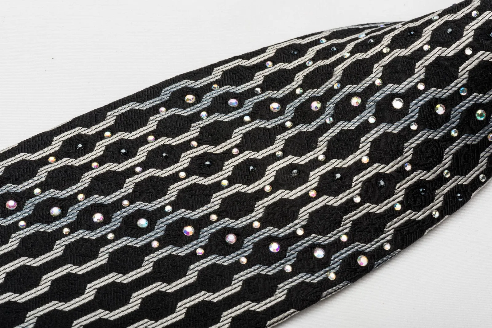 Elegance Silk Tie Silver Geometric On Black With Rhinestones