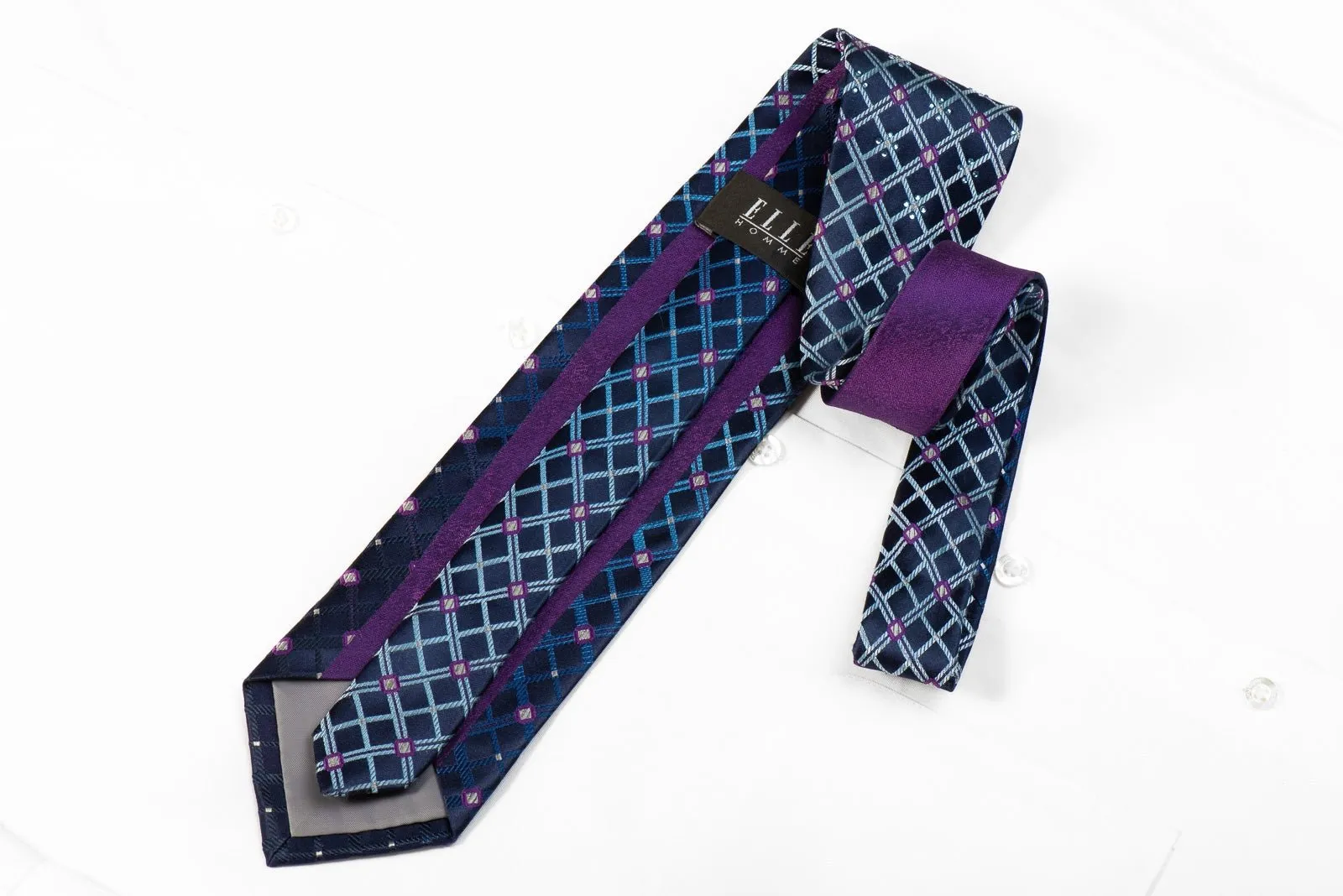 Elle Homme men's Crystal Silk Necktie Blue Trellis On Navy With Sparkling With Rhinestones