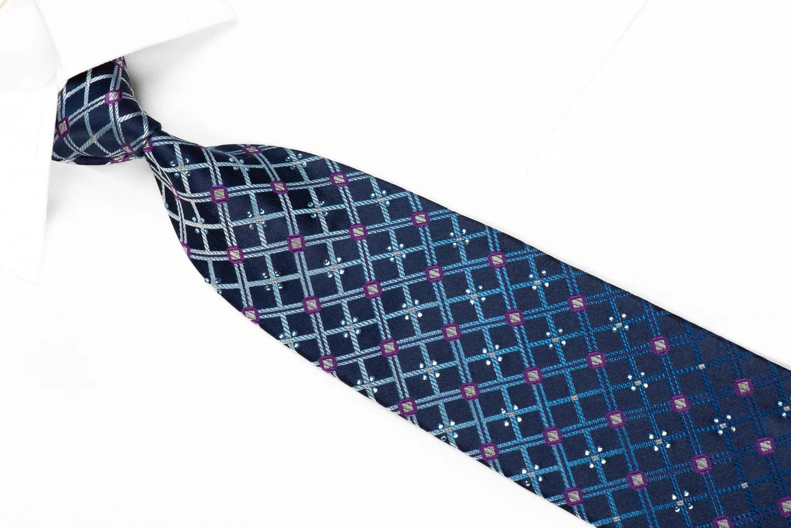 Elle Homme men's Crystal Silk Necktie Blue Trellis On Navy With Sparkling With Rhinestones