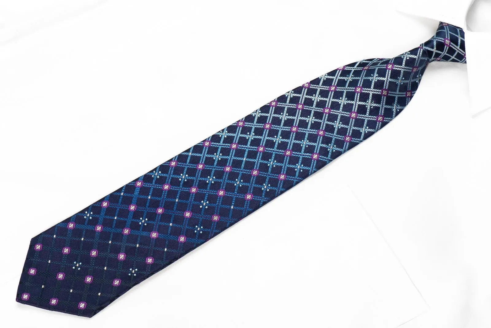 Elle Homme men's Crystal Silk Necktie Blue Trellis On Navy With Sparkling With Rhinestones