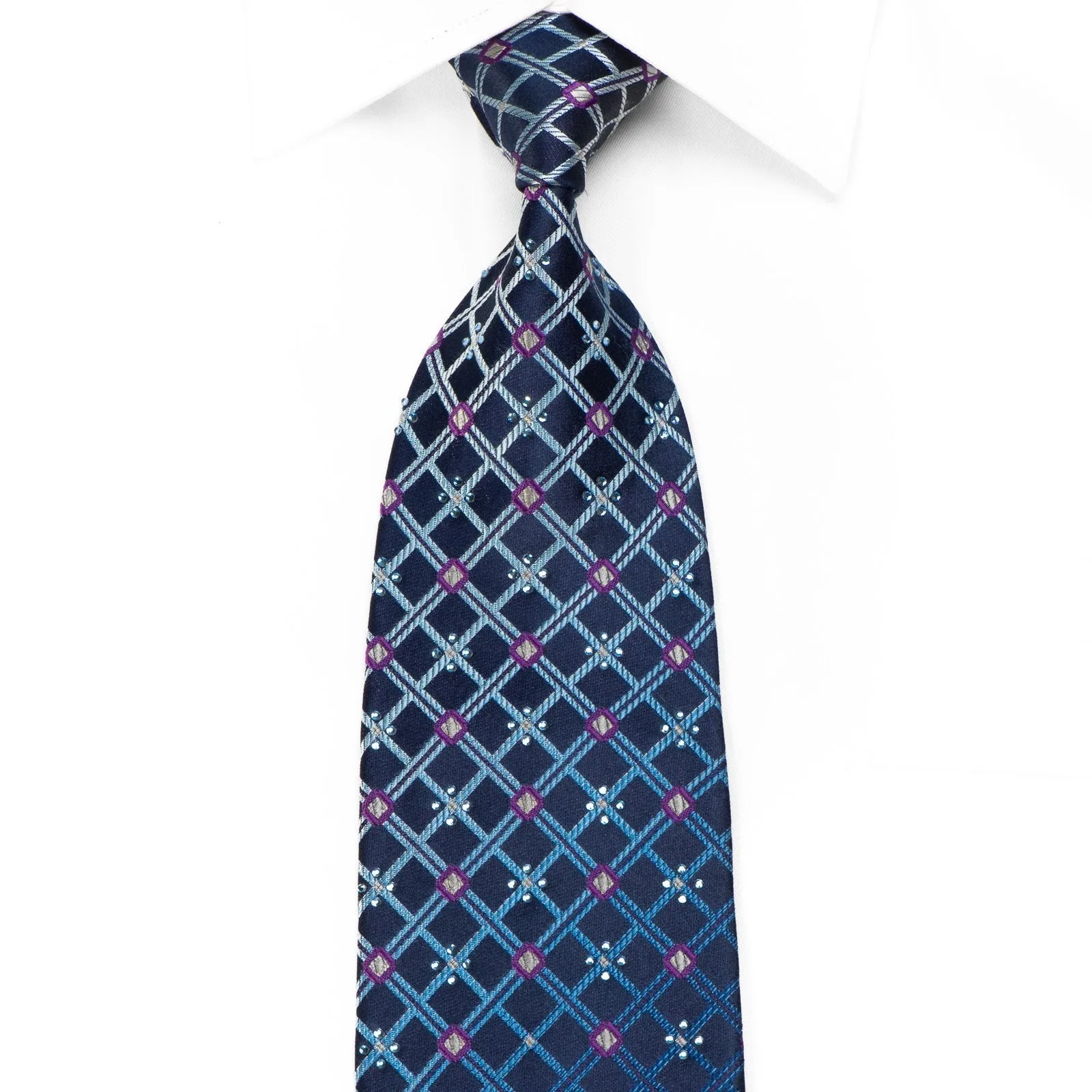 Elle Homme men's Crystal Silk Necktie Blue Trellis On Navy With Sparkling With Rhinestones