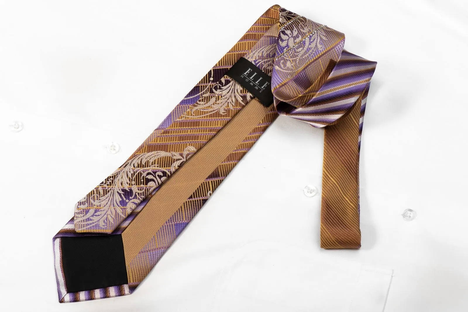 Elle Homme Men's Crystal Silk Tie Gold Purple Acanthus Striped With Silver Sparkles