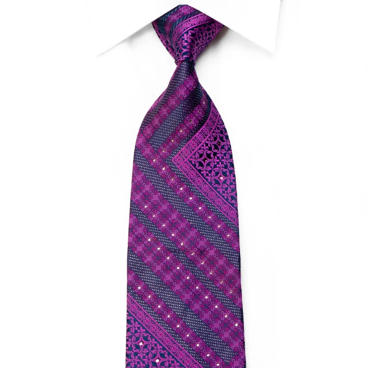 Elle Homme Rhinestone Necktie Purple Geometric Flur de Lis On Navy With Sparkles