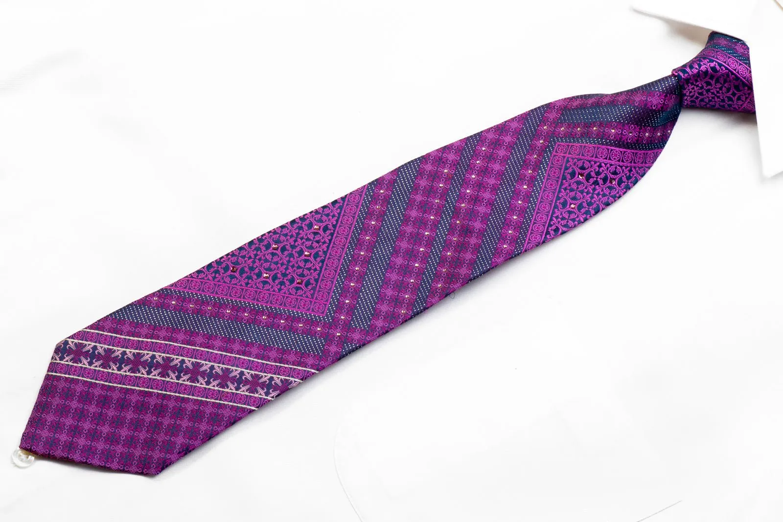 Elle Homme Rhinestone Necktie Purple Geometric Flur de Lis On Navy With Sparkles