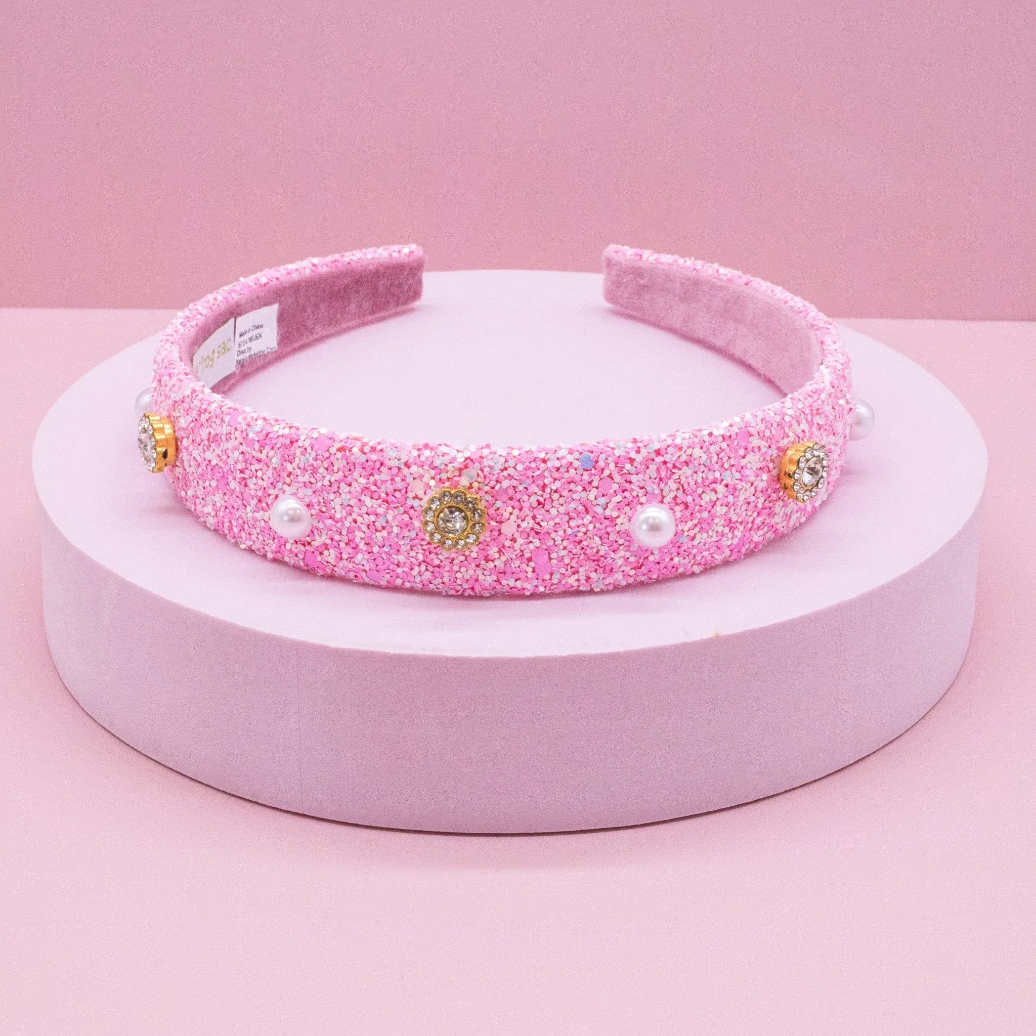 Embellished Glitter Headband (Pearl & Rhinestone Studs)