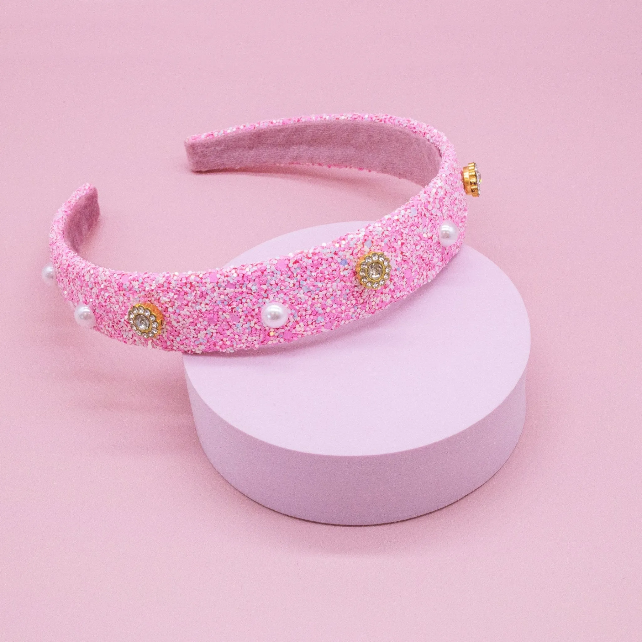 Embellished Glitter Headband (Pearl & Rhinestone Studs)