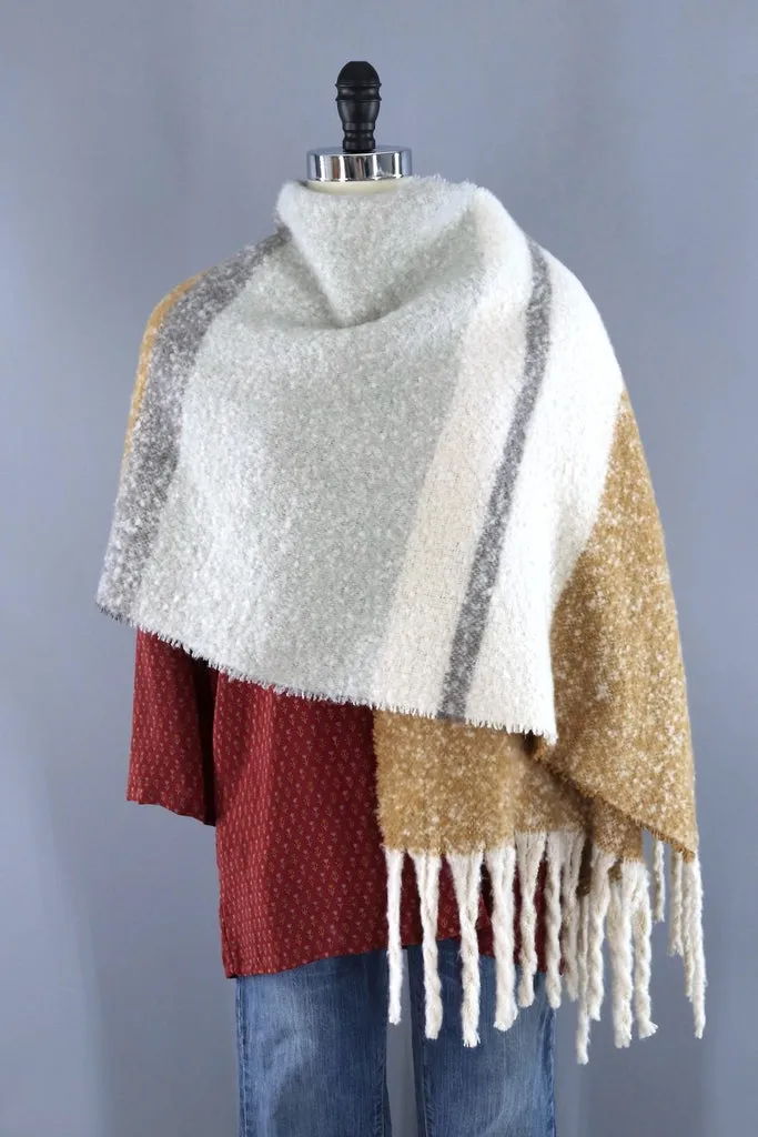 Fuzzy Scarf Shawl / Camel Tan & Grey Stripes