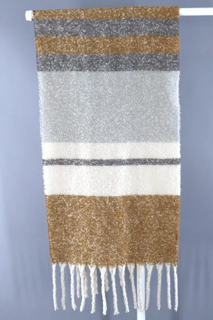 Fuzzy Scarf Shawl / Camel Tan & Grey Stripes