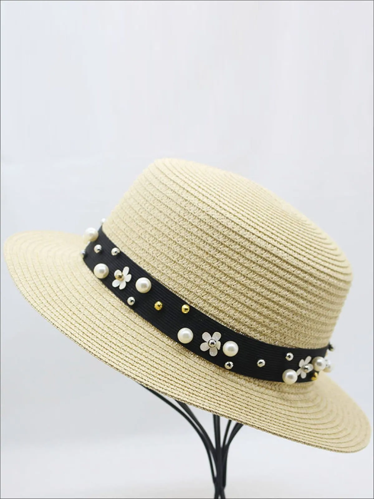 Girls Flower and Pearl Embellished Straw Hat