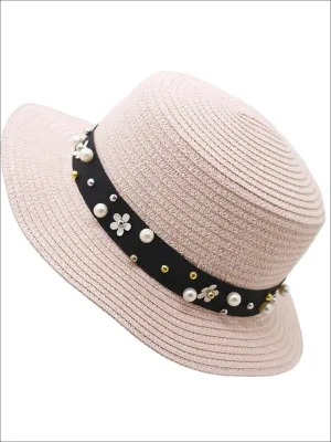 Girls Flower and Pearl Embellished Straw Hat