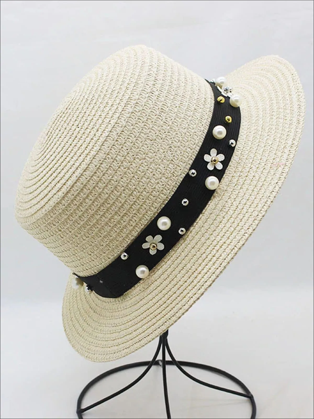 Girls Flower and Pearl Embellished Straw Hat