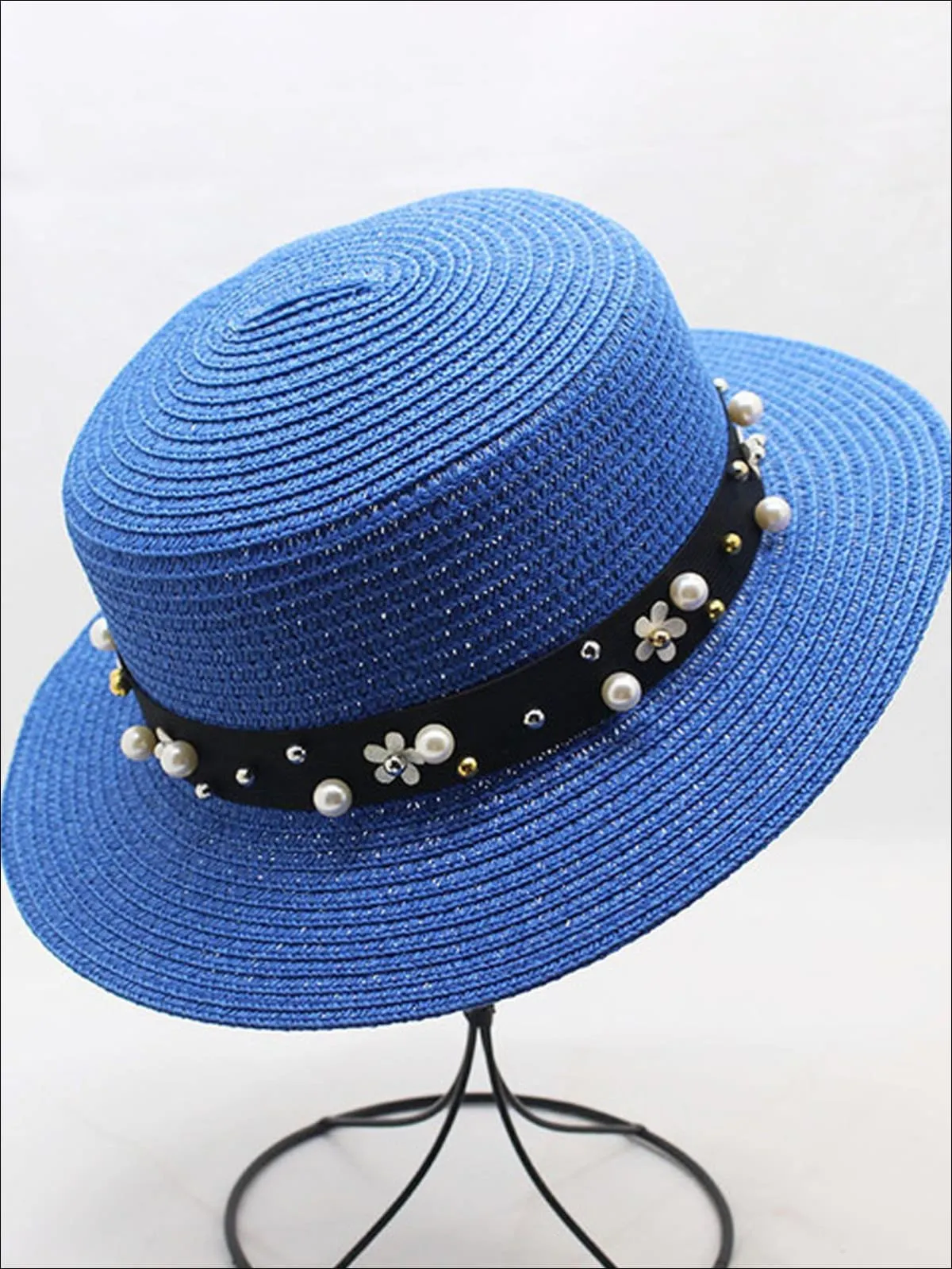 Girls Flower and Pearl Embellished Straw Hat