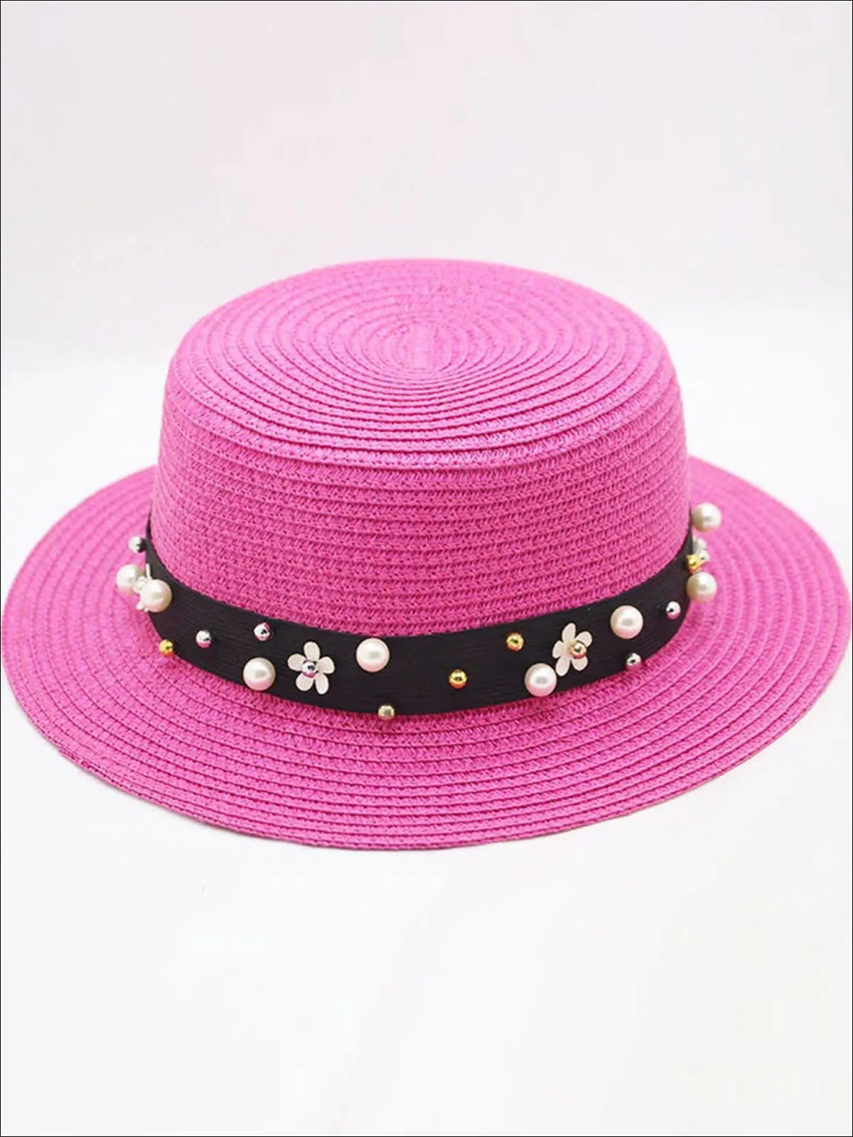 Girls Flower and Pearl Embellished Straw Hat