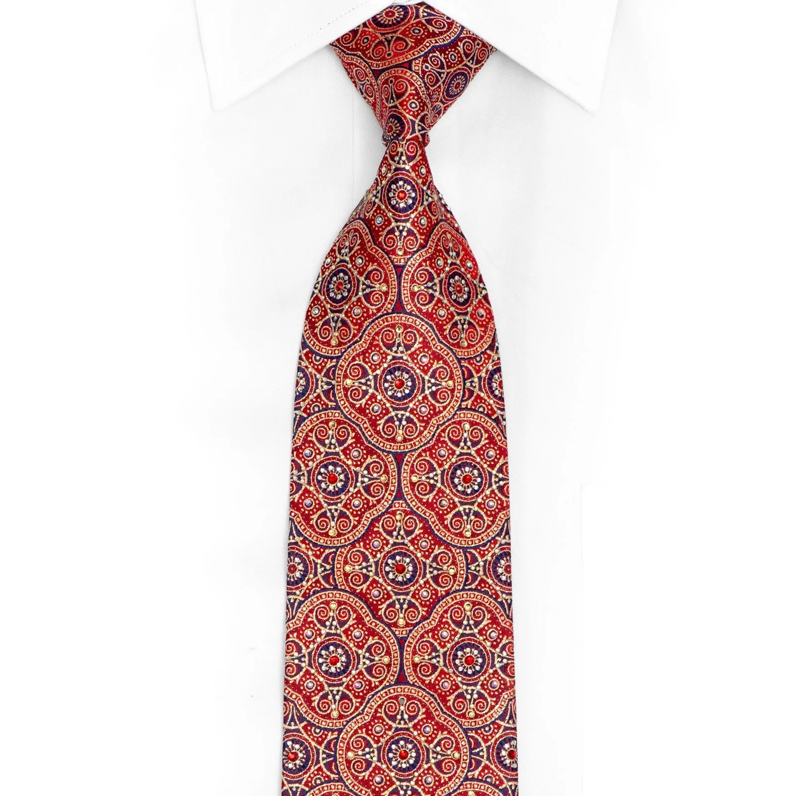 Gold Blue Marrakesh On Red Rhinestone Silk Necktie With Gold Sparkles