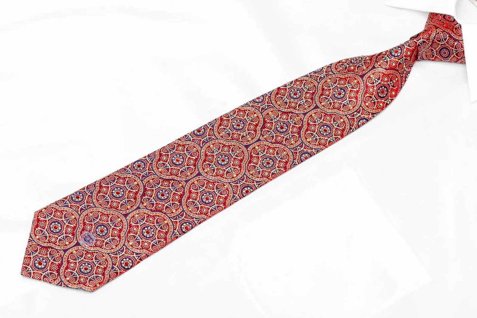 Gold Blue Marrakesh On Red Rhinestone Silk Necktie With Gold Sparkles