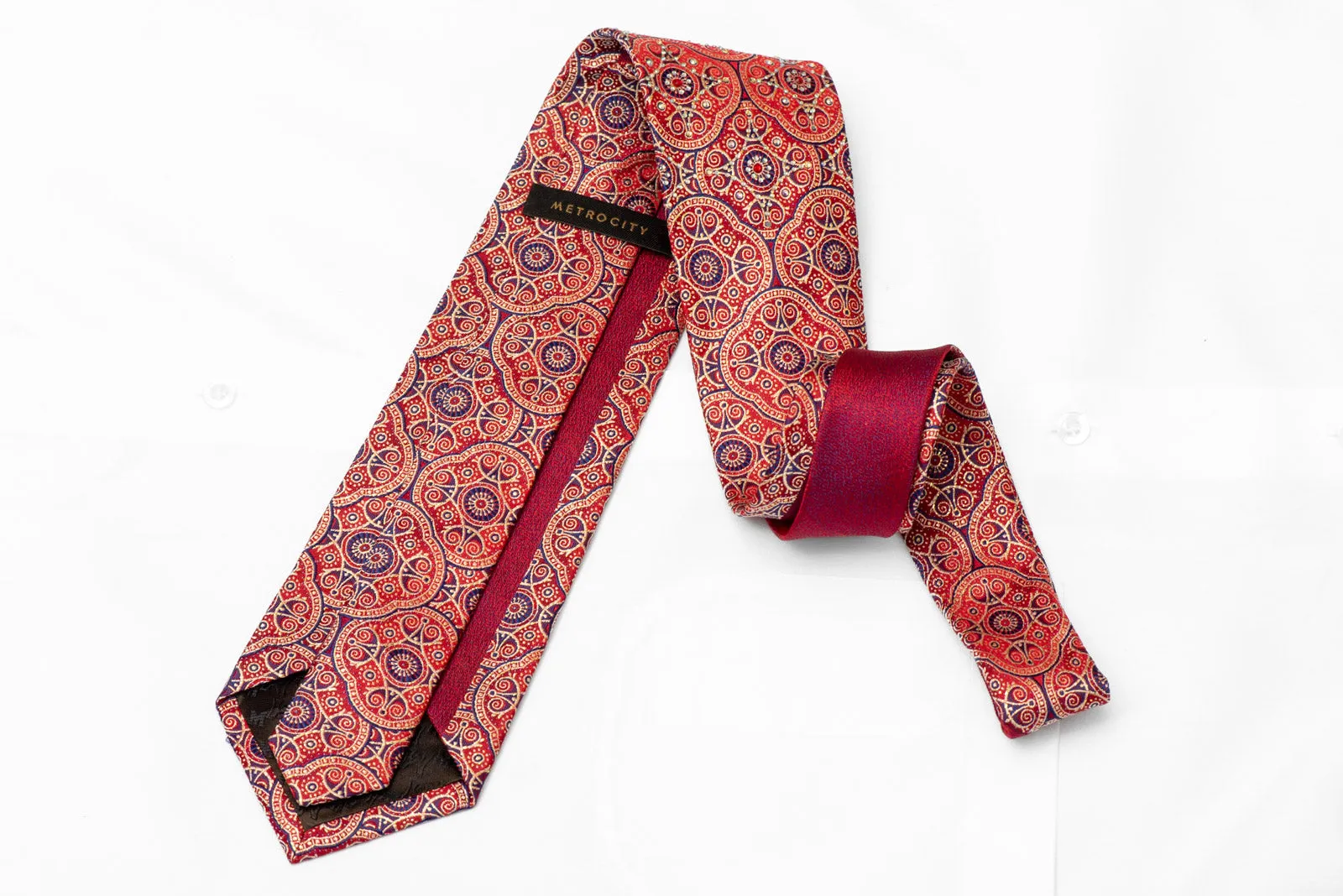 Gold Blue Marrakesh On Red Rhinestone Silk Necktie With Gold Sparkles