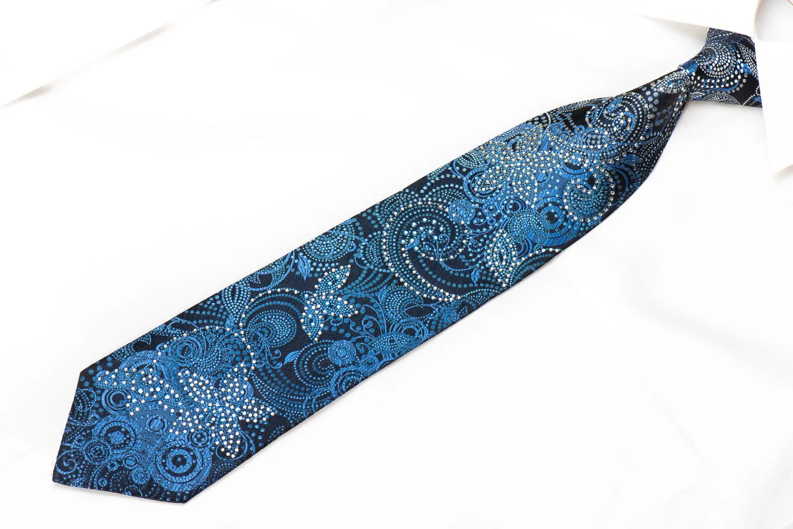 Grand Jour Men's Crystal Silk Necktie Paisley On Black With Blue Sparkles