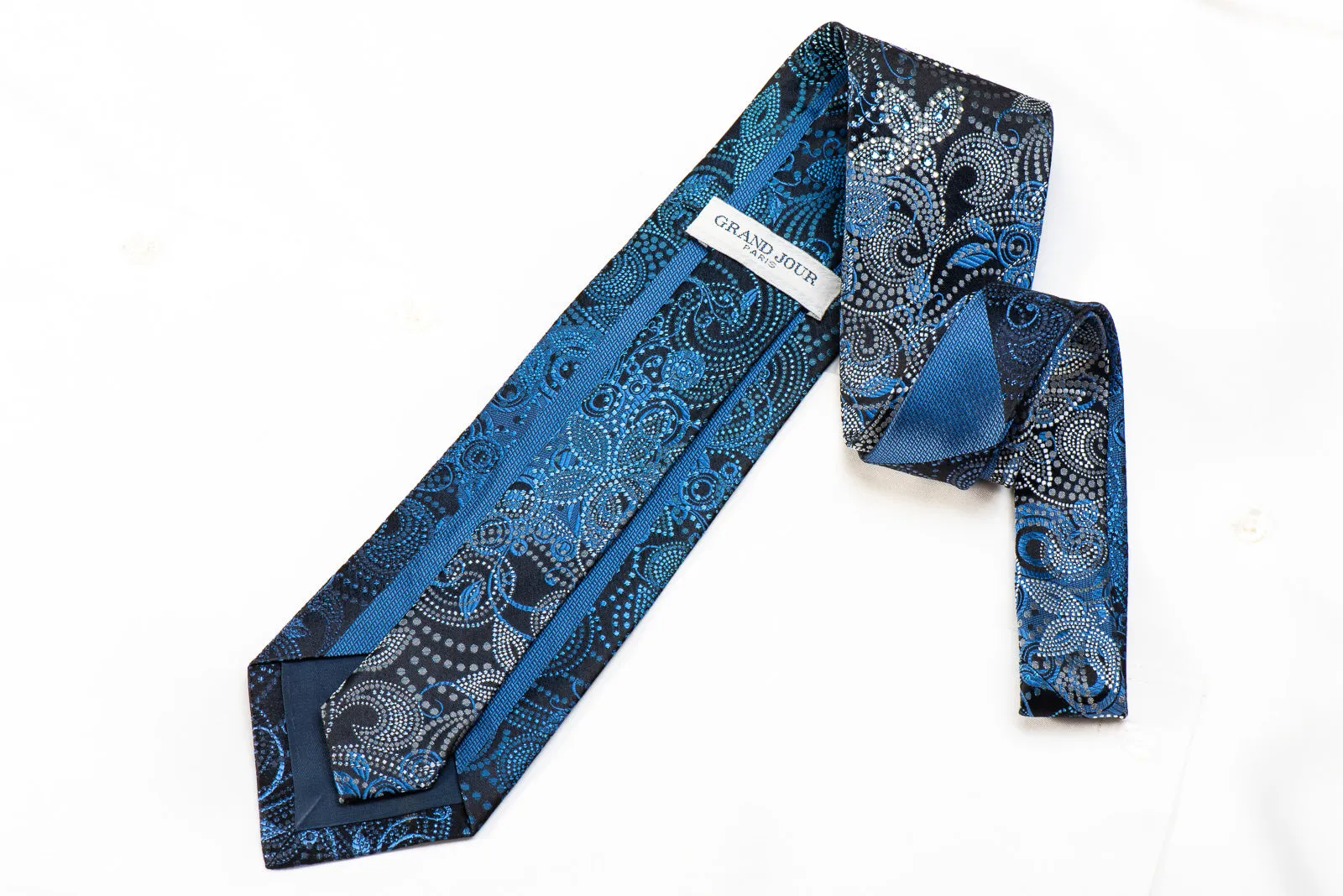 Grand Jour Men's Crystal Silk Necktie Paisley On Black With Blue Sparkles