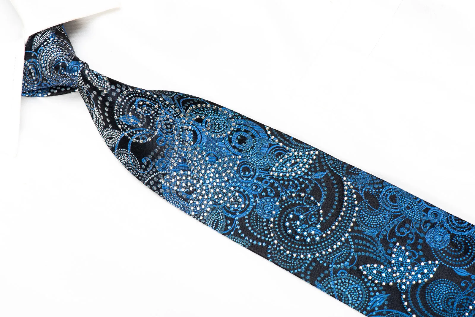 Grand Jour Men's Crystal Silk Necktie Paisley On Black With Blue Sparkles