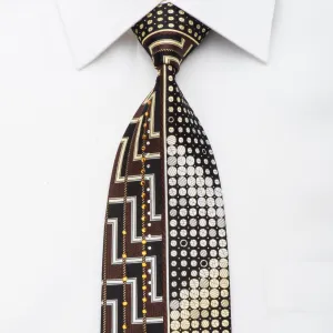 Grand Jour Men's Rhinestone Silk Necktie Orange Chevron Dots On Black With Gold Sparkles