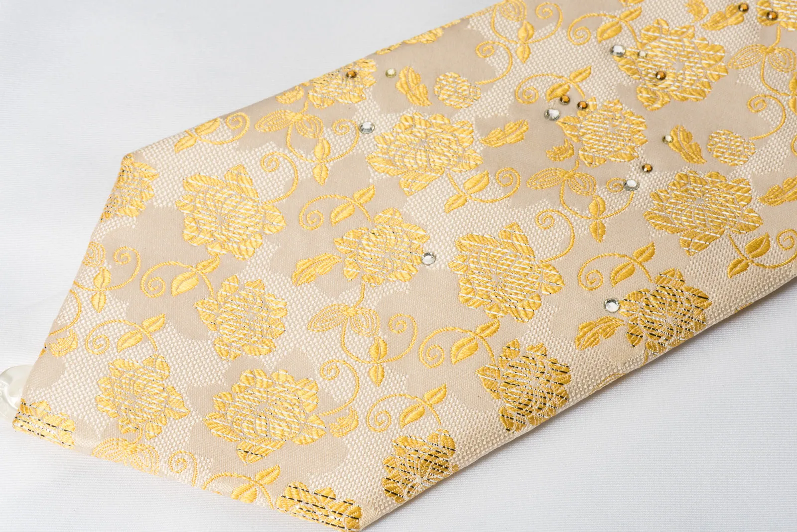 Grang Cia Silk Rhinestone Necktie Orange Brown Striped Yellow Floral On Cream With Silver Sparkles