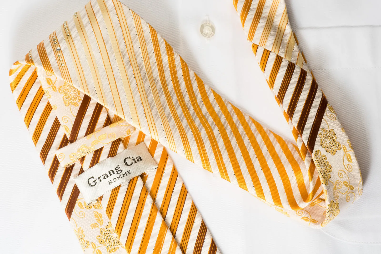 Grang Cia Silk Rhinestone Necktie Orange Brown Striped Yellow Floral On Cream With Silver Sparkles