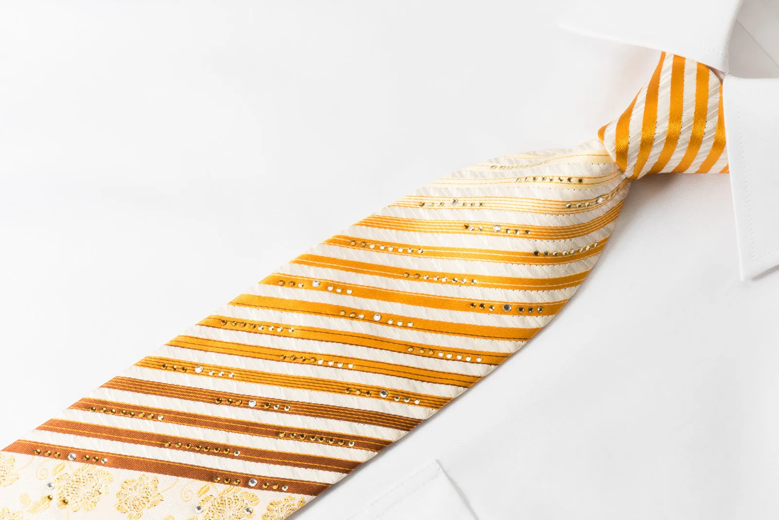 Grang Cia Silk Rhinestone Necktie Orange Brown Striped Yellow Floral On Cream With Silver Sparkles