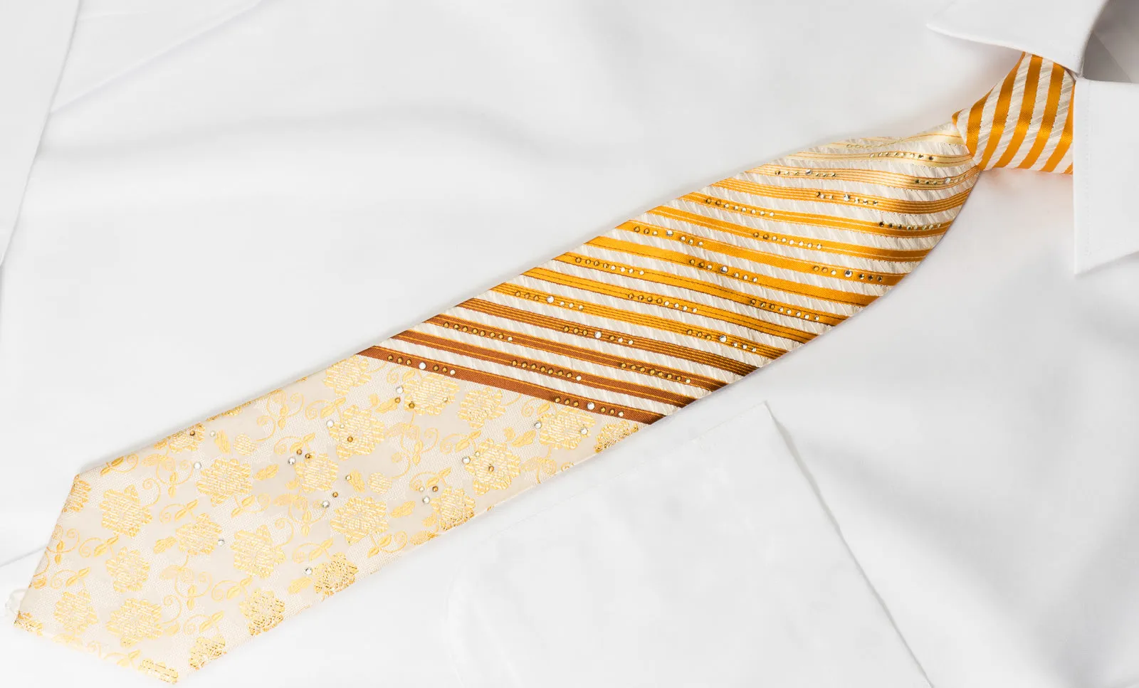 Grang Cia Silk Rhinestone Necktie Orange Brown Striped Yellow Floral On Cream With Silver Sparkles