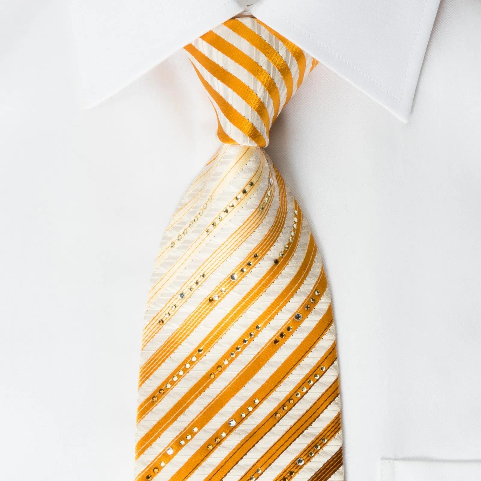 Grang Cia Silk Rhinestone Necktie Orange Brown Striped Yellow Floral On Cream With Silver Sparkles