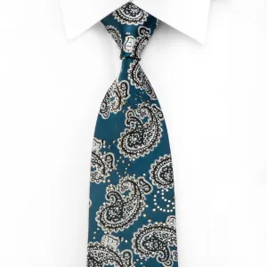 Guy Laroche Men's Crystal Rhinestone Necktie Silver Black Paisley On Turquoise Silk