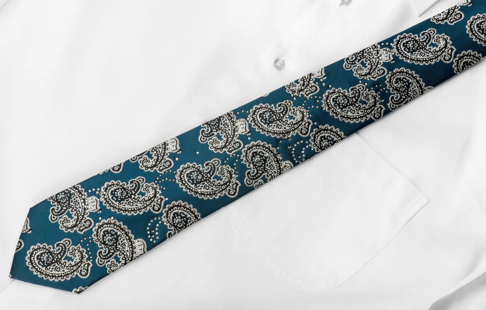 Guy Laroche Men's Crystal Rhinestone Necktie Silver Black Paisley On Turquoise Silk