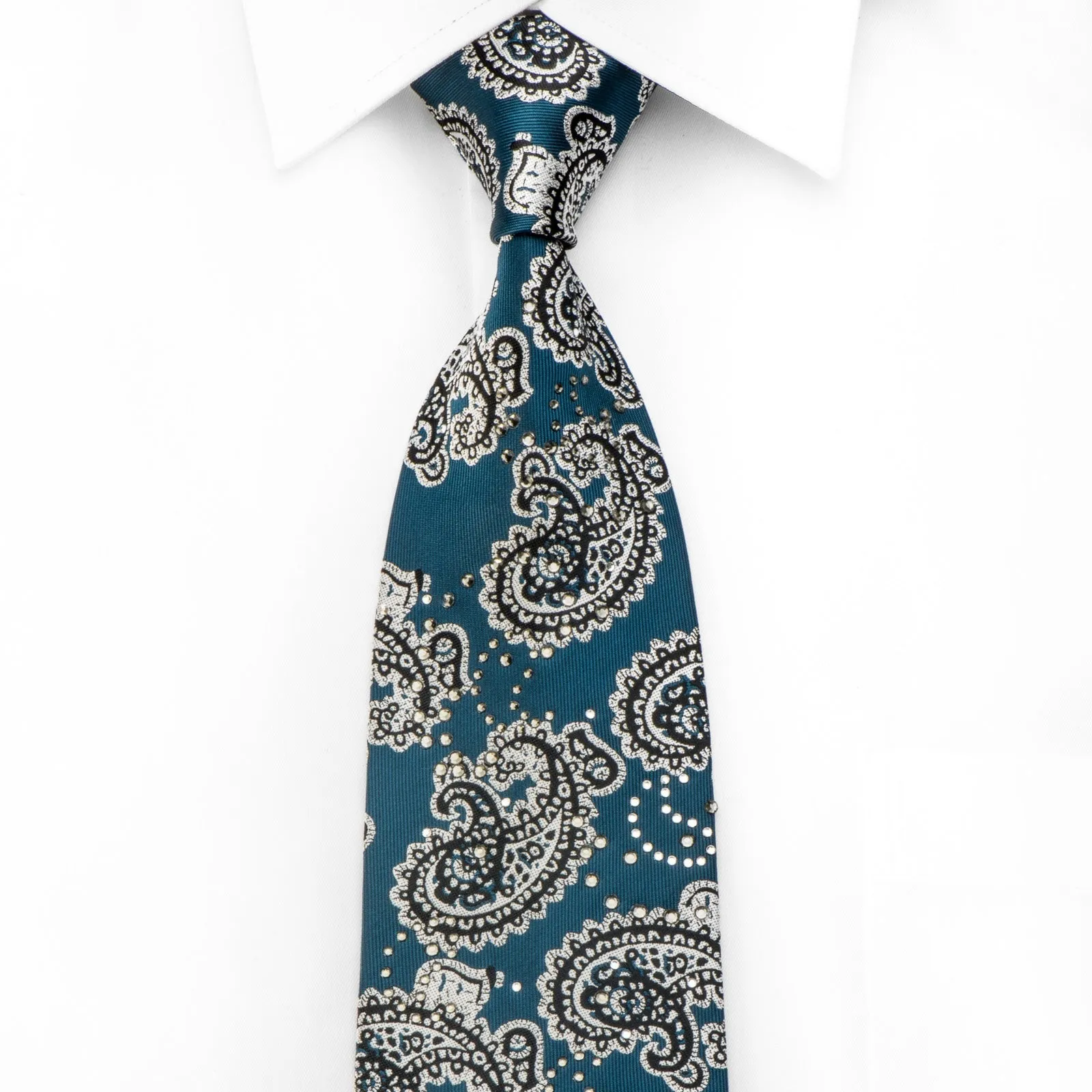 Guy Laroche Men's Crystal Rhinestone Necktie Silver Black Paisley On Turquoise Silk