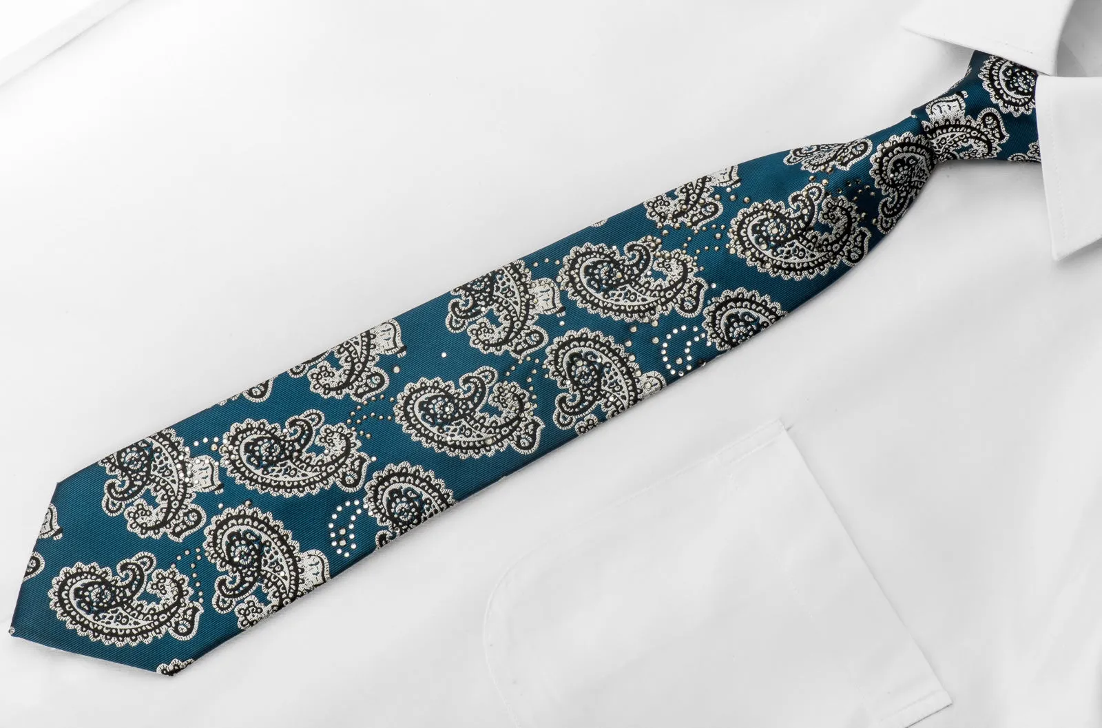 Guy Laroche Men's Crystal Rhinestone Necktie Silver Black Paisley On Turquoise Silk