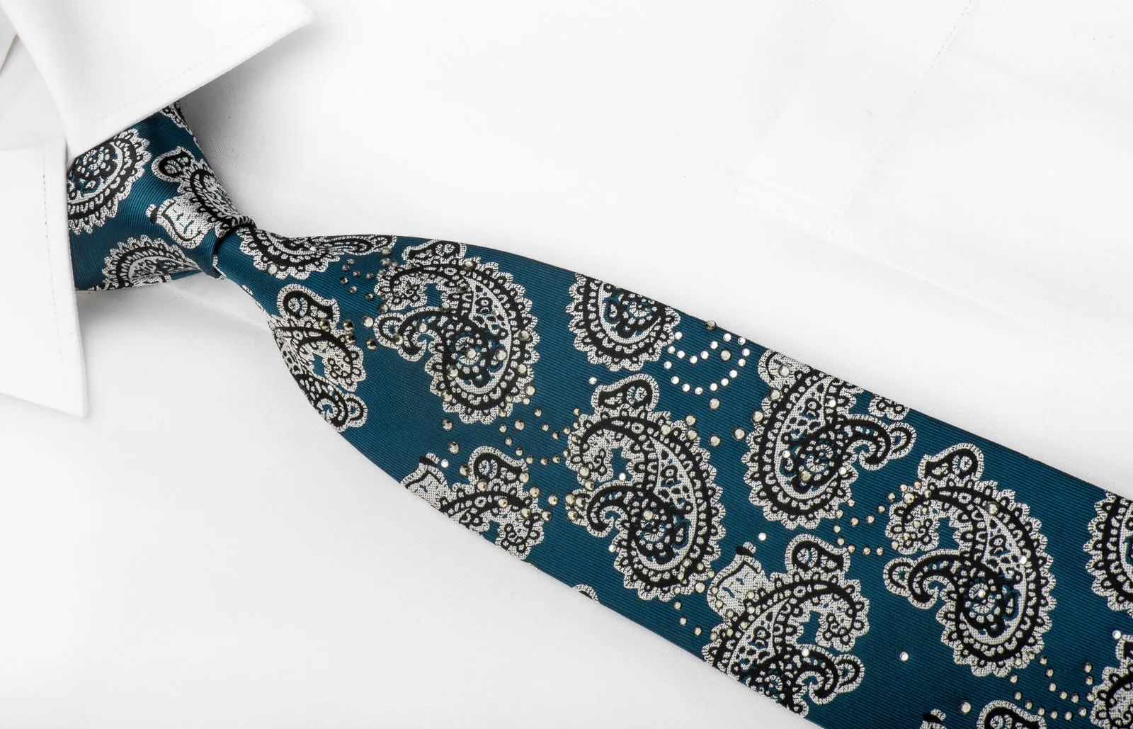 Guy Laroche Men's Crystal Rhinestone Necktie Silver Black Paisley On Turquoise Silk