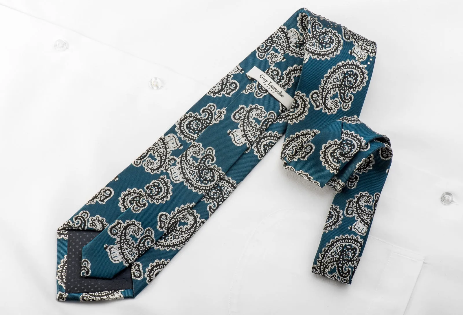 Guy Laroche Men's Crystal Rhinestone Necktie Silver Black Paisley On Turquoise Silk