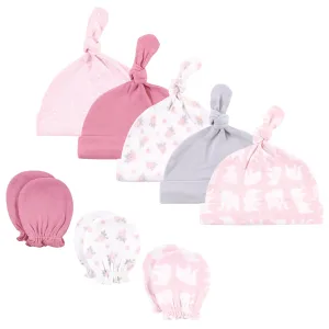 Hudson Baby Cotton Cap and Scratch Mitten Set, Pink Elephant