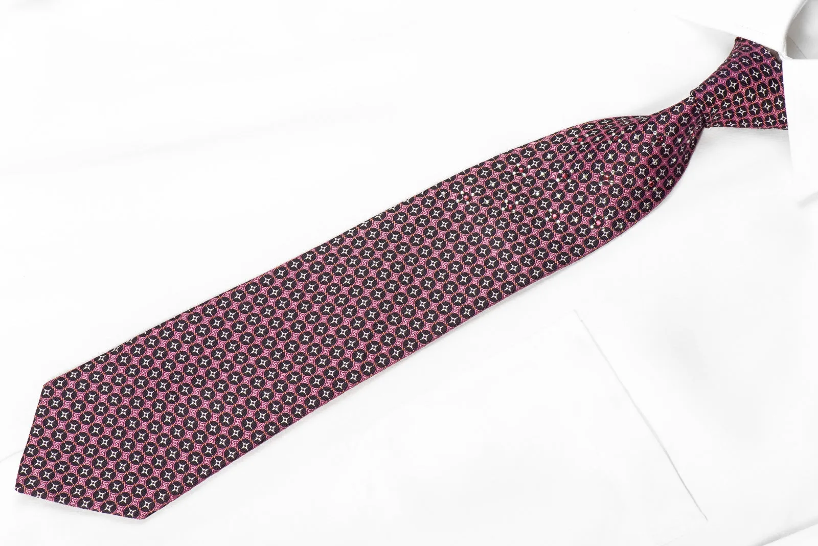 Indian Homme Men's Crystal Silk Necktie Pink Silver Geometric On Purple With Sparkles