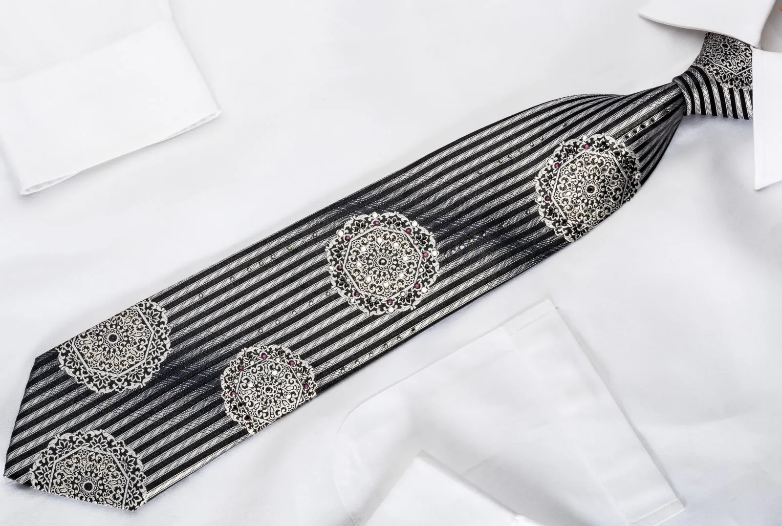 Indian Homme Rhinestone Necktie Silver Medallions & Striped On Black With Sparkles