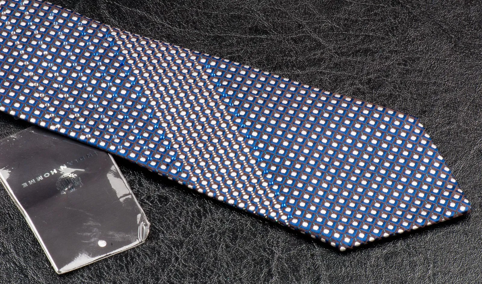 Indian Homme Rhinestone Silk Neck Tie Blue Silver Brown Checked Design