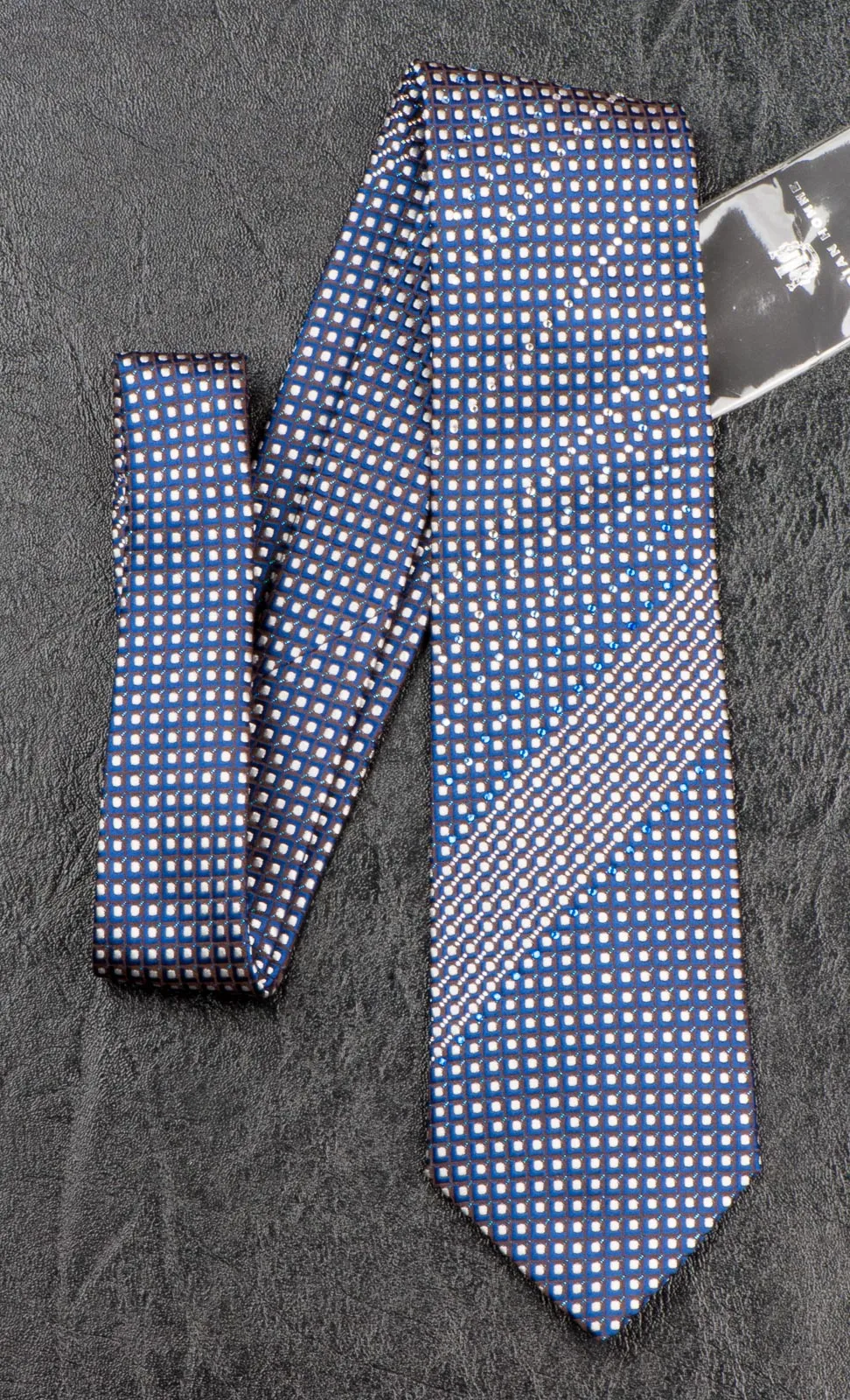 Indian Homme Rhinestone Silk Neck Tie Blue Silver Brown Checked Design