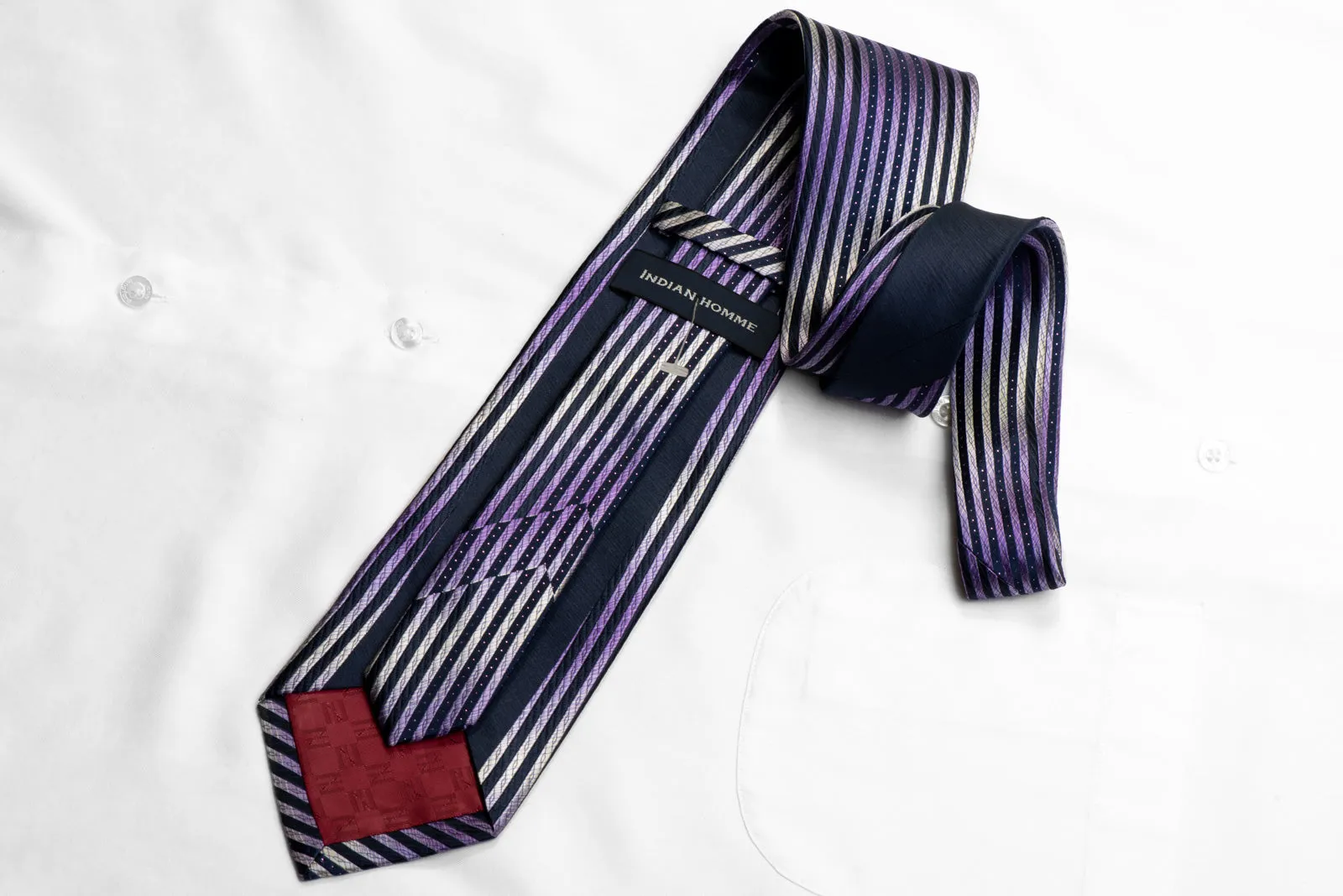 Indian Homme Rhinestone Silk Necktie Purple Navy Vertical Striped With Sparkles