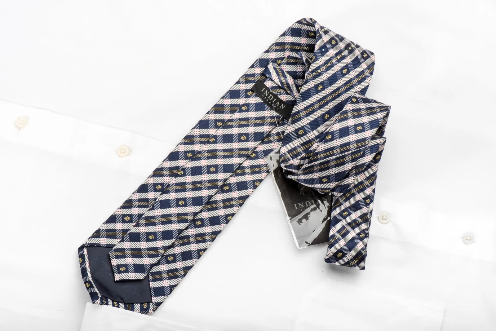 Indian Leaders Men's Silk Tie Blue Ivory Plaid Striped Sparkling With Rhinestones