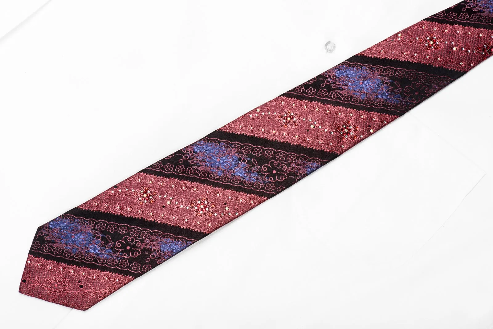 Lancetti Men's Crystal Silk Necktie Ornate Burgundy Floral Striped On Black Sparkling With Rhinestones