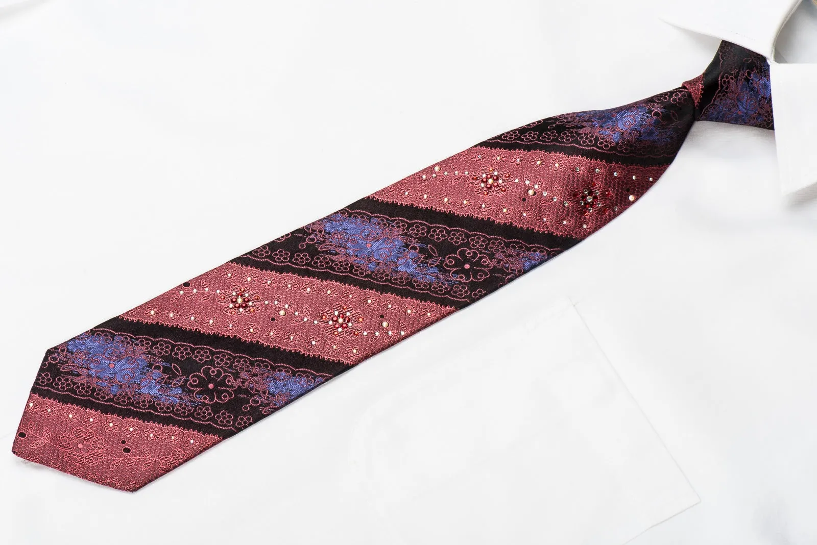 Lancetti Men's Crystal Silk Necktie Ornate Burgundy Floral Striped On Black Sparkling With Rhinestones