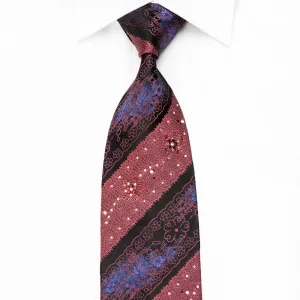 Lancetti Men's Crystal Silk Necktie Ornate Burgundy Floral Striped On Black Sparkling With Rhinestones